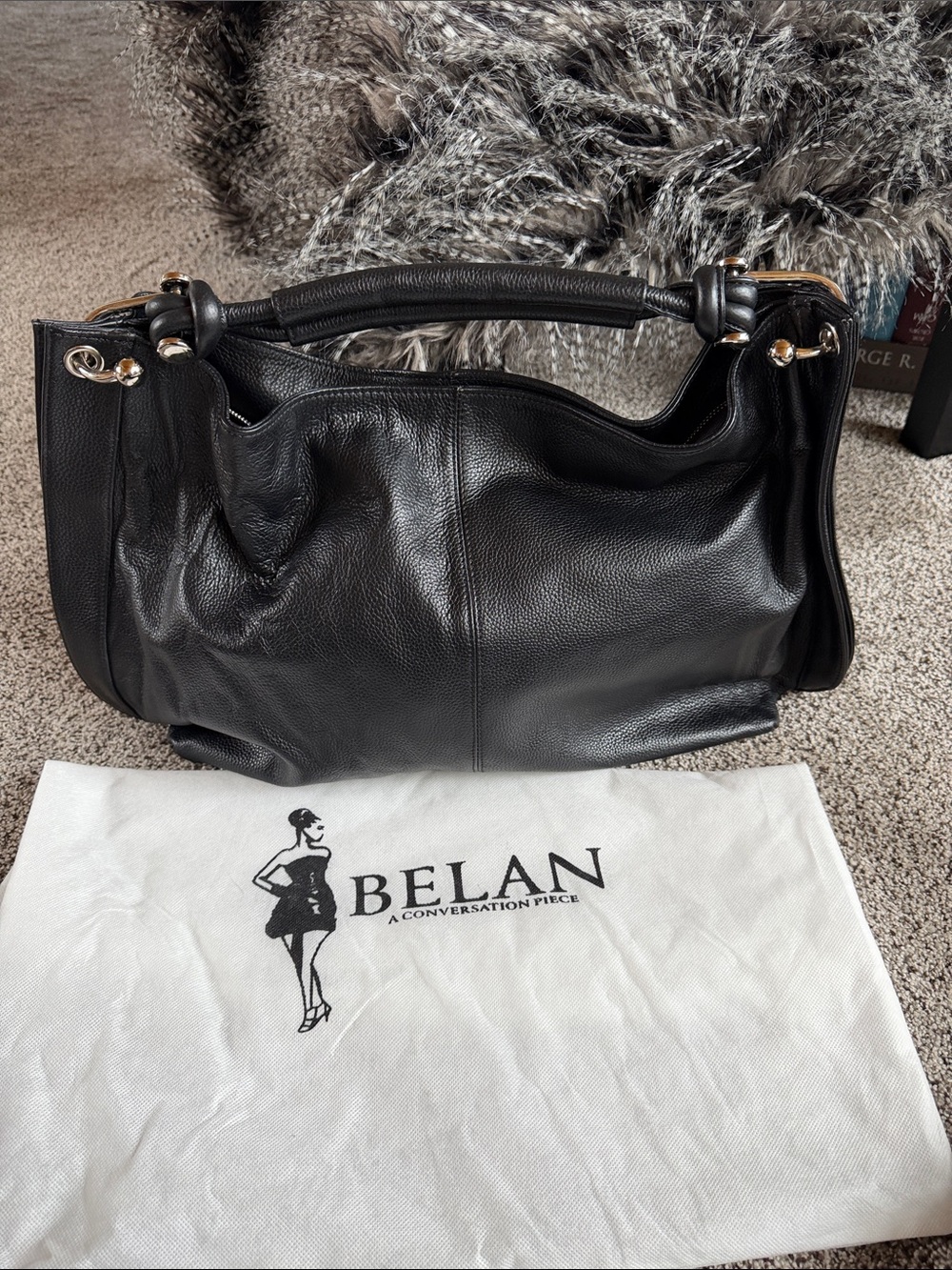Belan soft Black Pebbled Leather Shoulder Bag with silver Accents. Never used